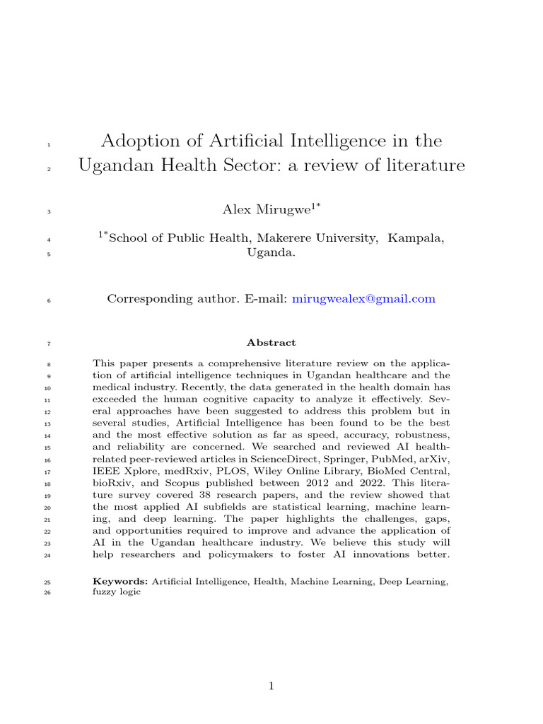Adoption of Artificial Intelligence in The1Ugandan Health Sector | PDF ...