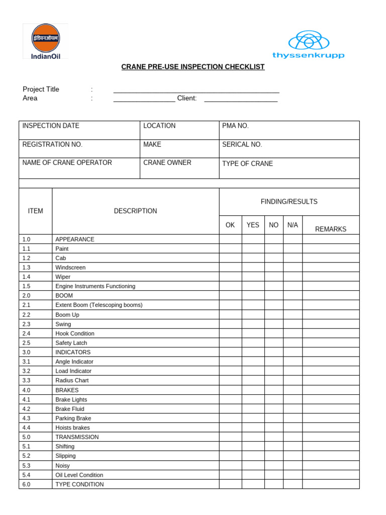 Crane Pre-Use Inspection | PDF | Crane (Machine) | Brake