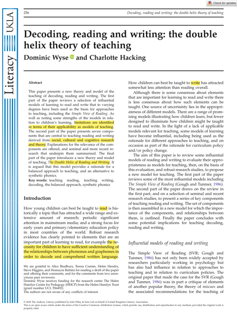 1-Literacy - 2024 - Wyse - Decoding Reading and Writing The Double ...