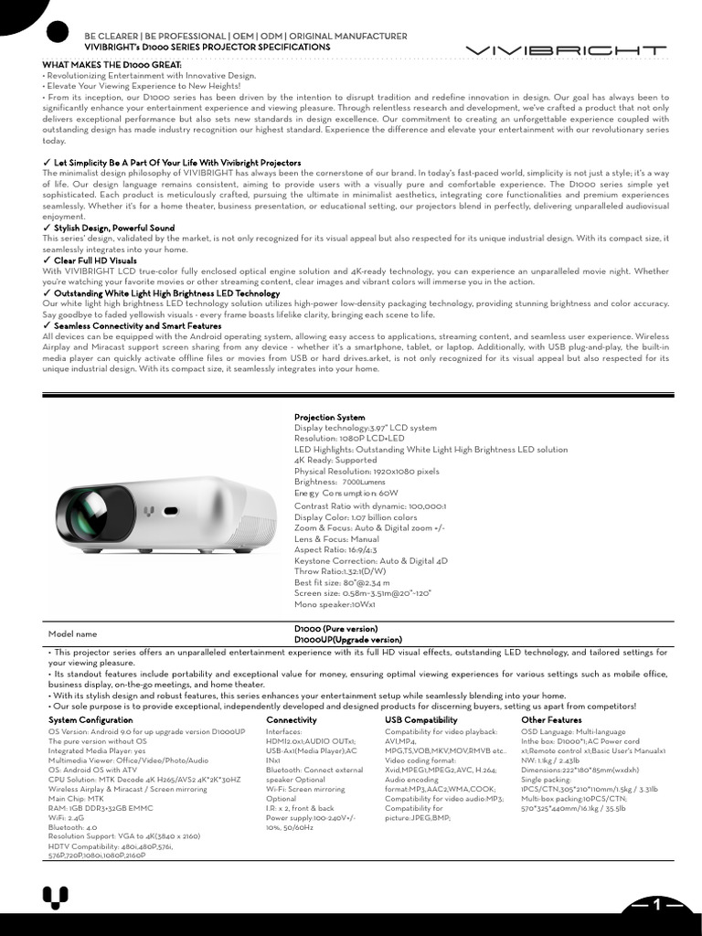 Datasheet of D1000 Projector Series | PDF | Display Resolution | Brand