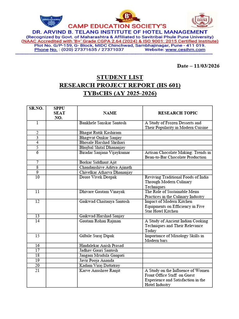 Research Project Report List 2025 - 2026-1 | PDF | Cuisine | Cooking