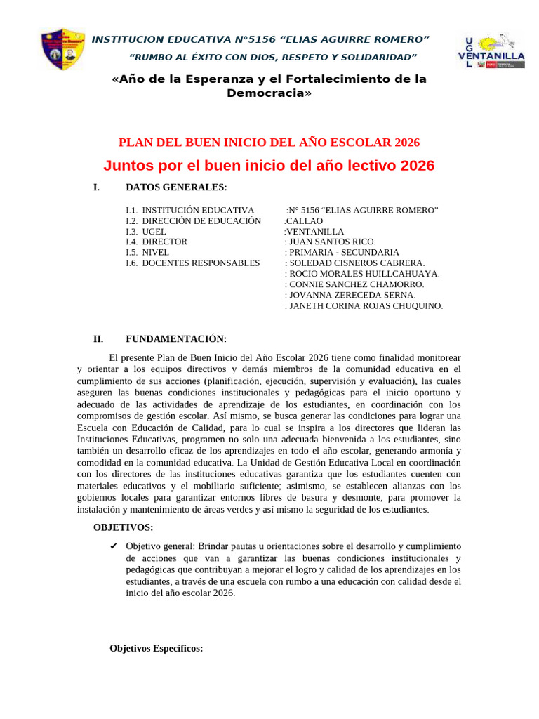 Plan Del Buen Inicio Del Año Escolar-2026 | PDF | Escuelas | Salón de ...