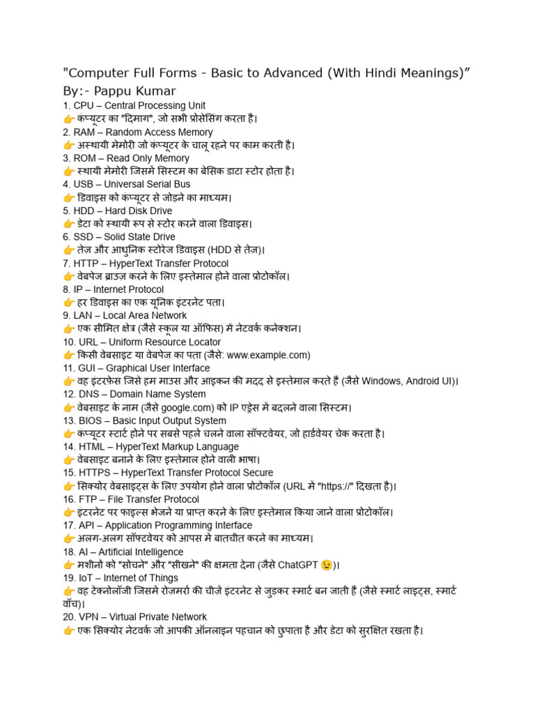 Computer Full Forms - Basic To Advanced (With Hindi Di Meanings) | PDF