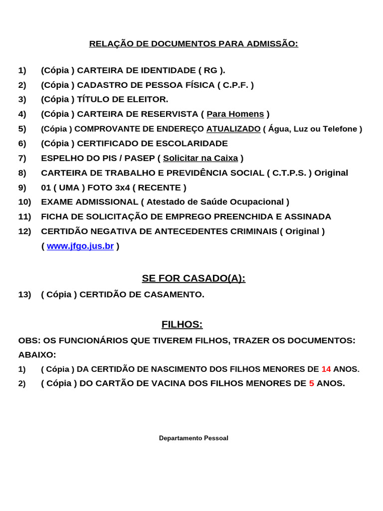 Lista de Documentação para Admissão | PDF