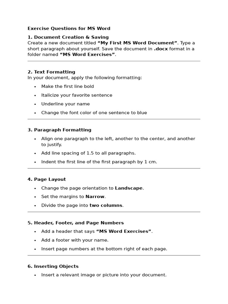 Exercise Questions For MS Word | PDF