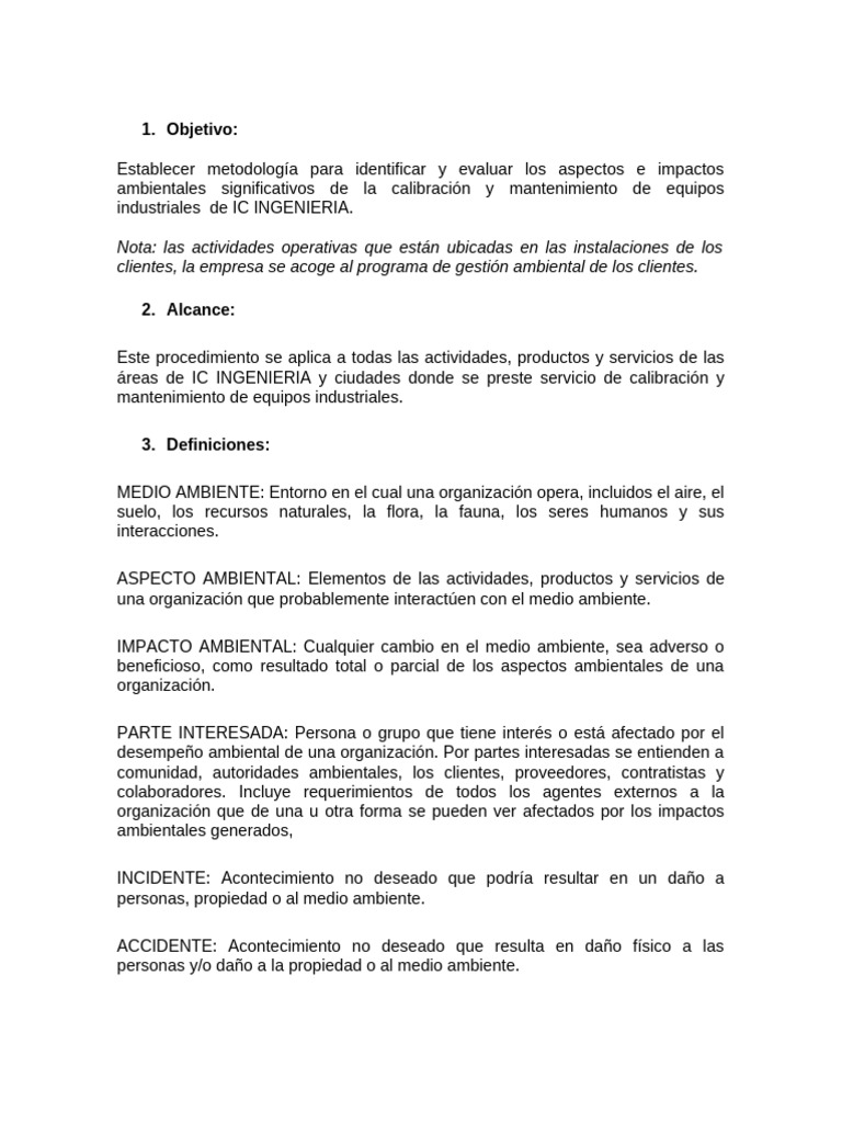 Procedimiento de Aspectos e Impactos Ambientales.... | PDF | Entorno ...