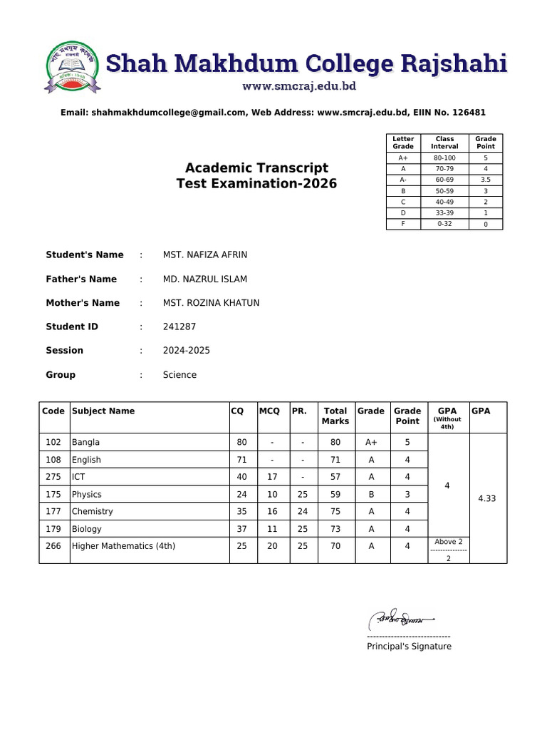 Academic Transcript Test Examination-2026 | PDF