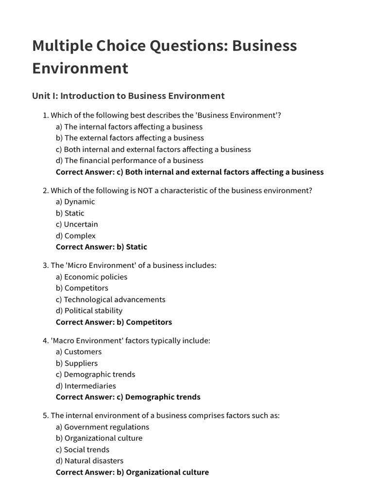 Multiple Choice Questions Business Environment | PDF | World Trade ...