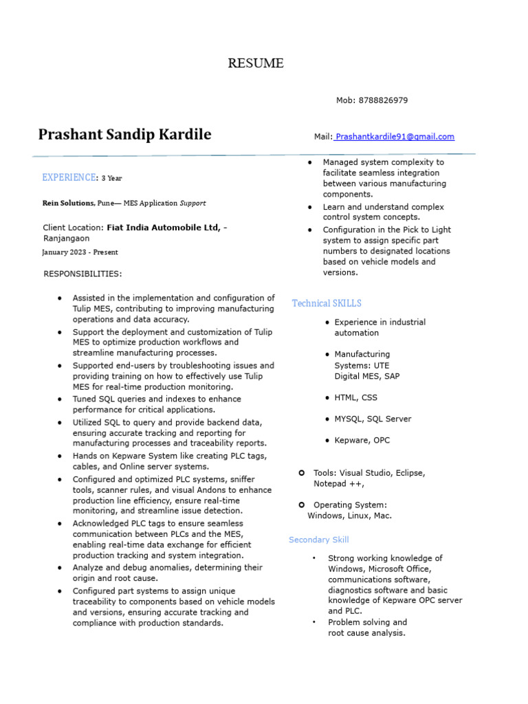 Prashant Kardile Resume Updated | PDF | Programmable Logic Controller ...