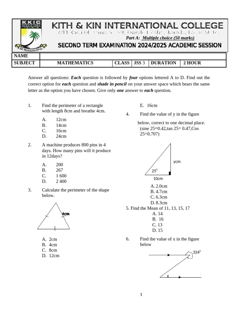 Third Term Exam Jss3 Mathematics Kkic 2025 | PDF | Area | Euclidean ...