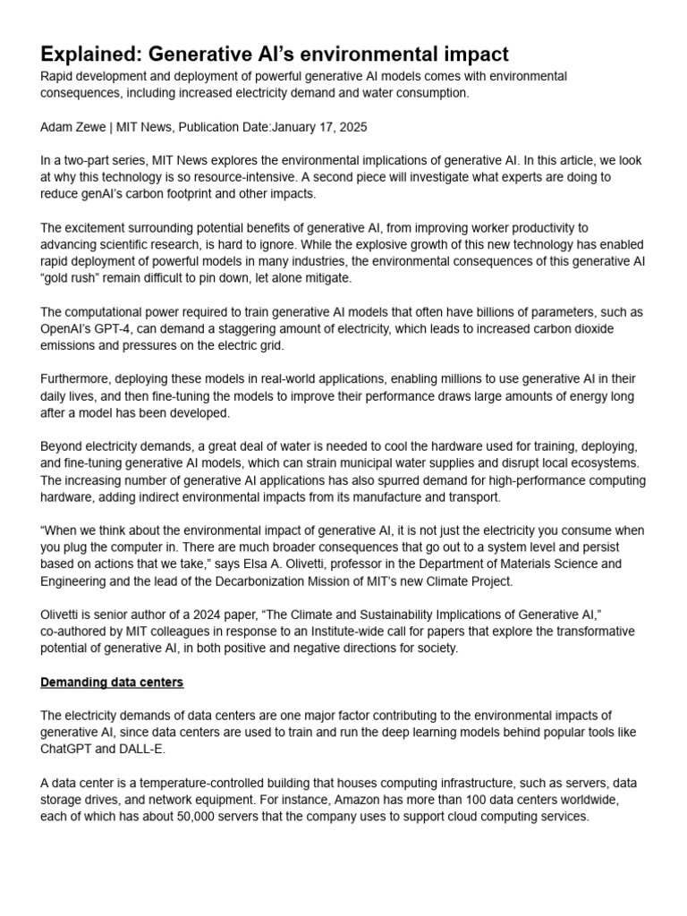 Extend - Generative AI's Environmental Impact (MIT Article) | PDF ...