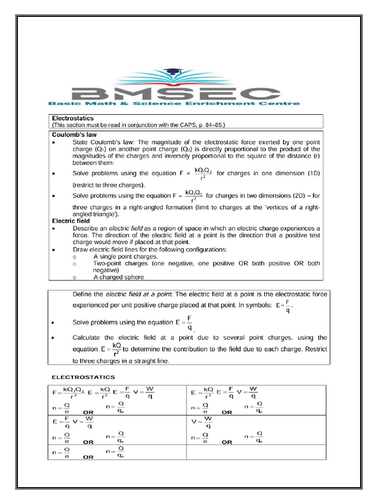 Bmsec g11 Electrostatics Worksheet - 260306 - 190111 | PDF