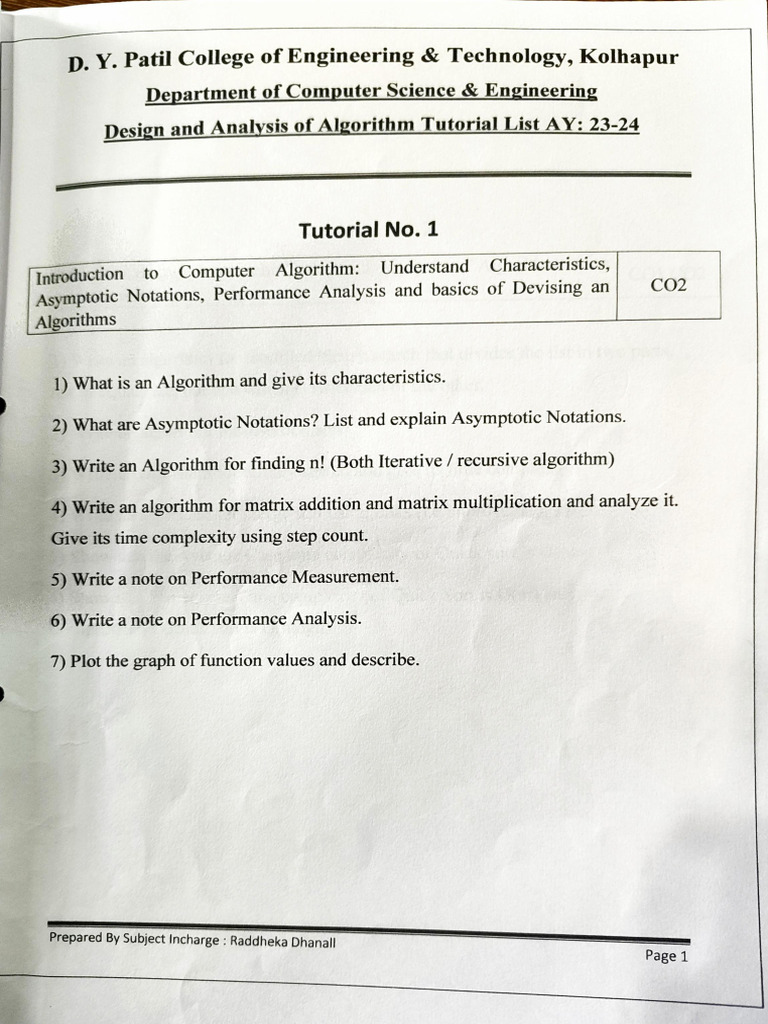 DAA Tutorial Questions | PDF
