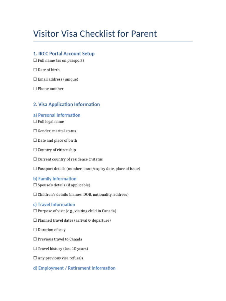 Visitor Visa Checklist Parent OnePage | PDF