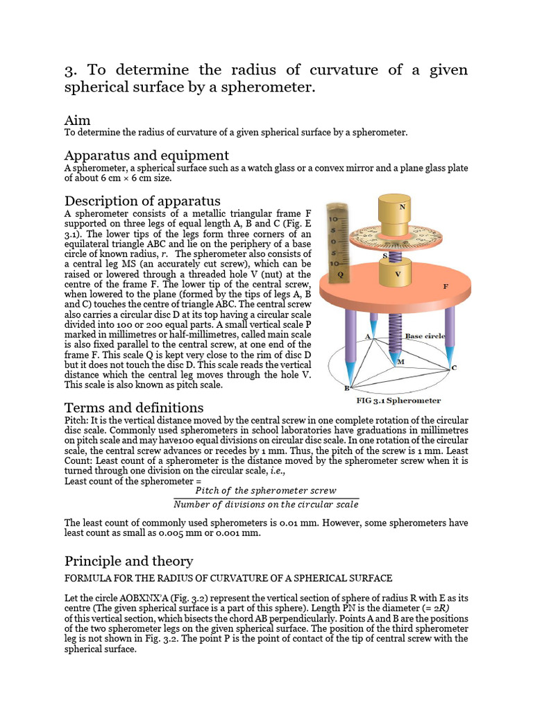 Expt 3 Radius of Curvature of A Curved Surface by A Spherometer | PDF ...