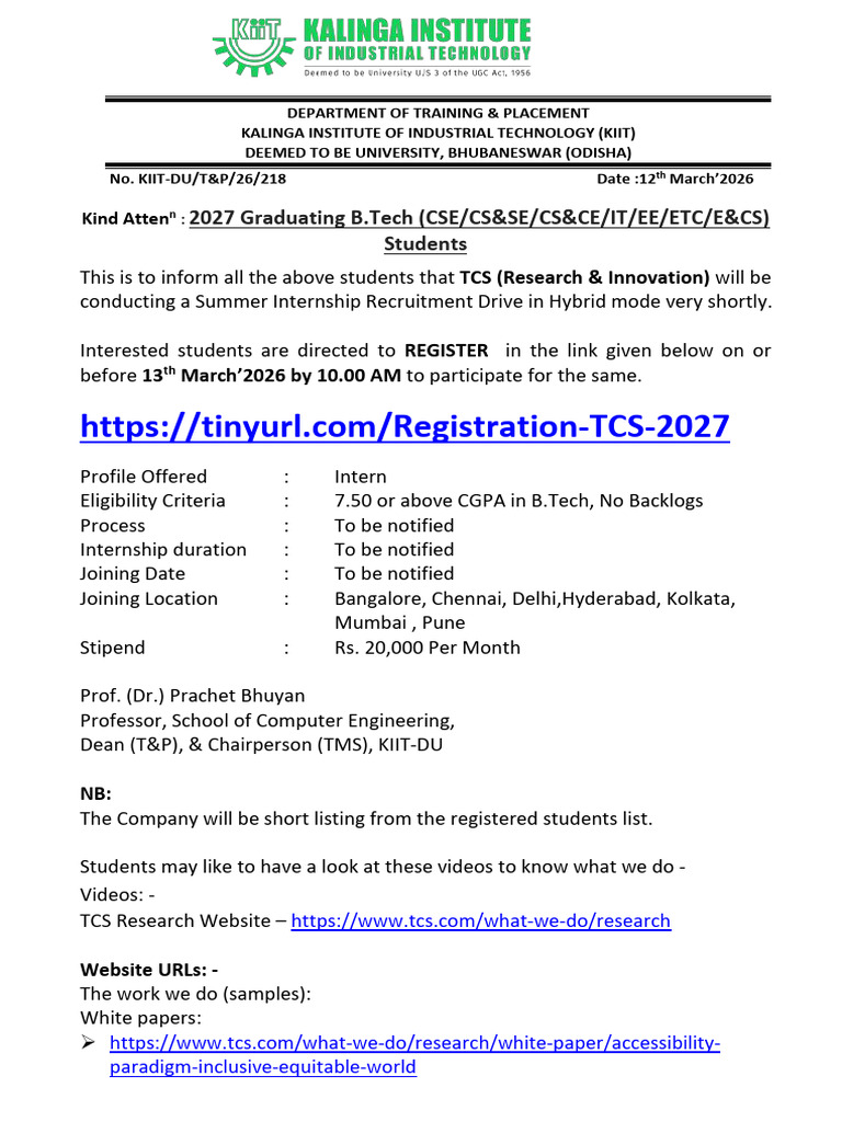 Registration For TCS (Research & Innovation) Summer Internship ...