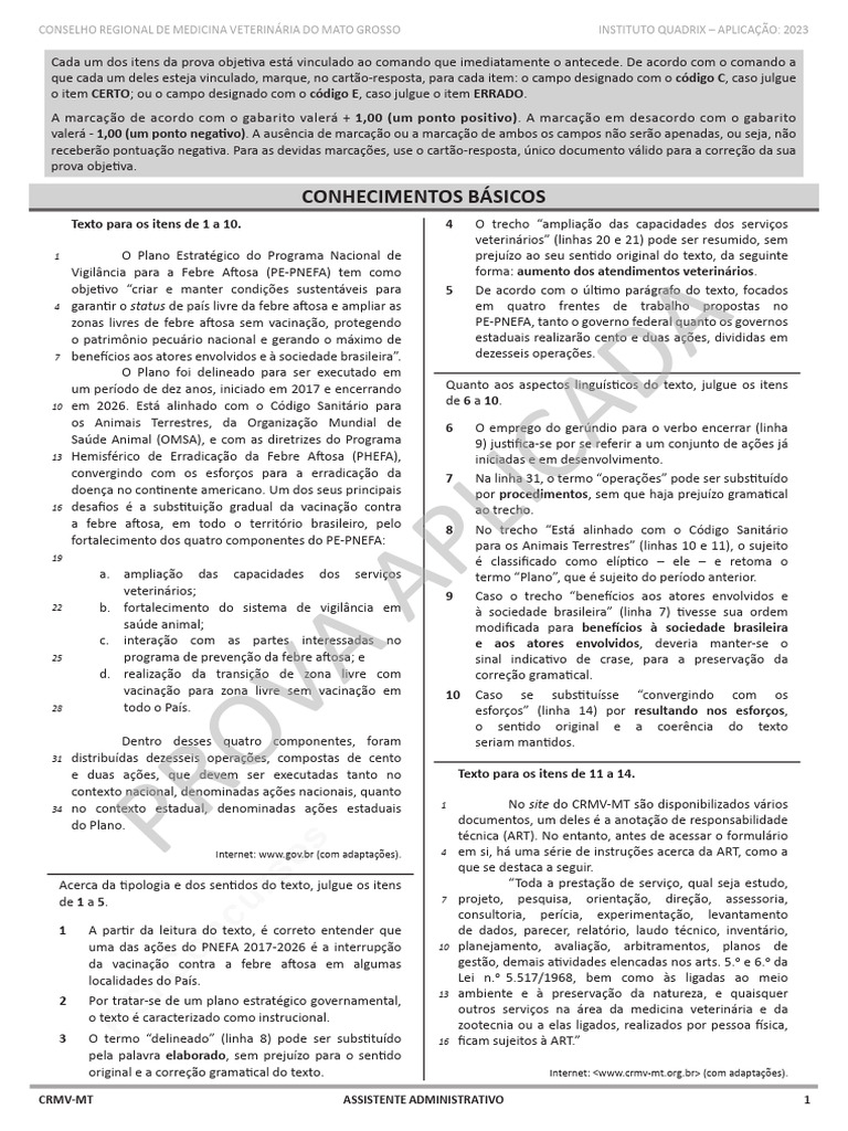 CRMV MT 2023 Assistente - Administrativo Quadrix | PDF | Medicina ...