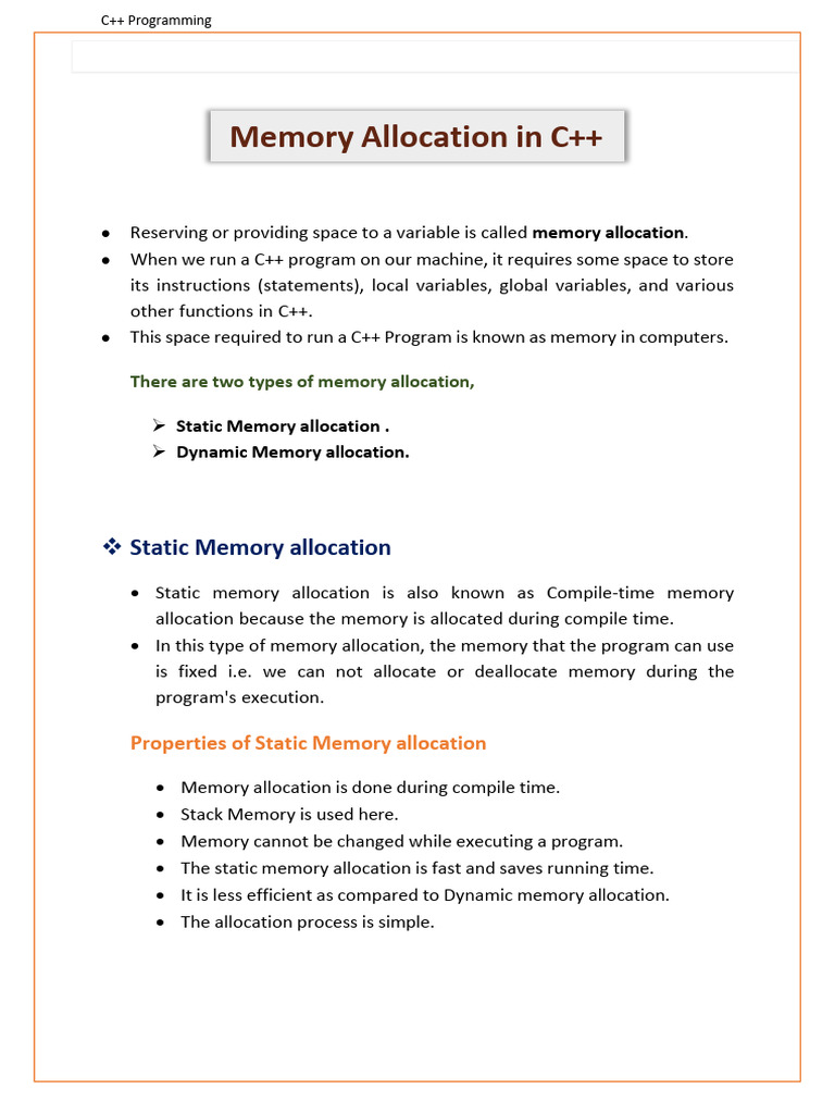 Memory Allocation in C++ | PDF | C++ | Integer (Computer Science)