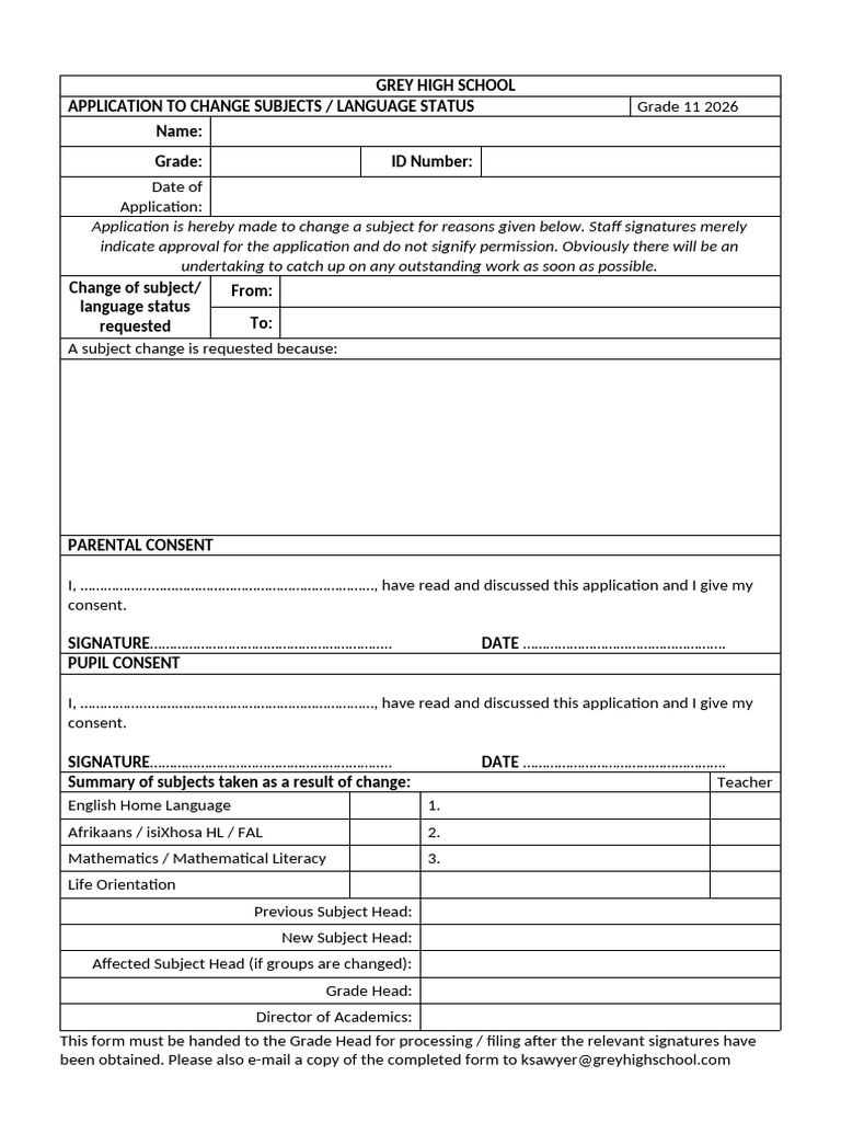Subject Change Form Grade 11 2026 | PDF