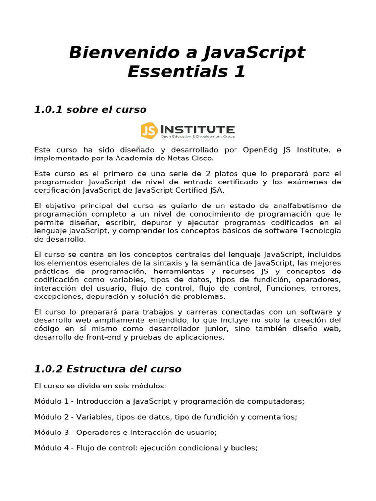 Bienvenido A JavaScript Essentials 1 | PDF | Script Java | Programación