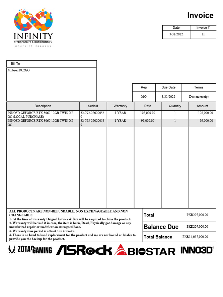 Pc2go 3060 x2 Invoice | PDF