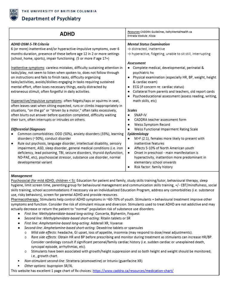 Adhd Summary Sheet | PDF | Attention Deficit Hyperactivity Disorder ...