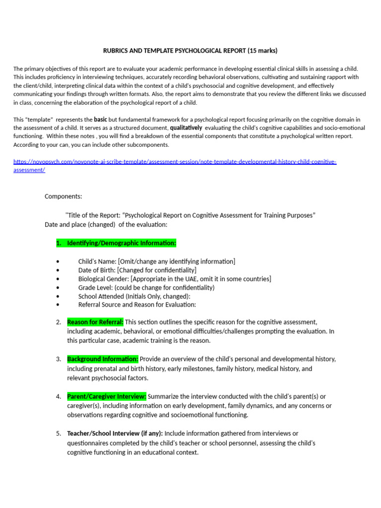 Basic Template Psychological Report Spring 2026 | PDF | Cognition ...