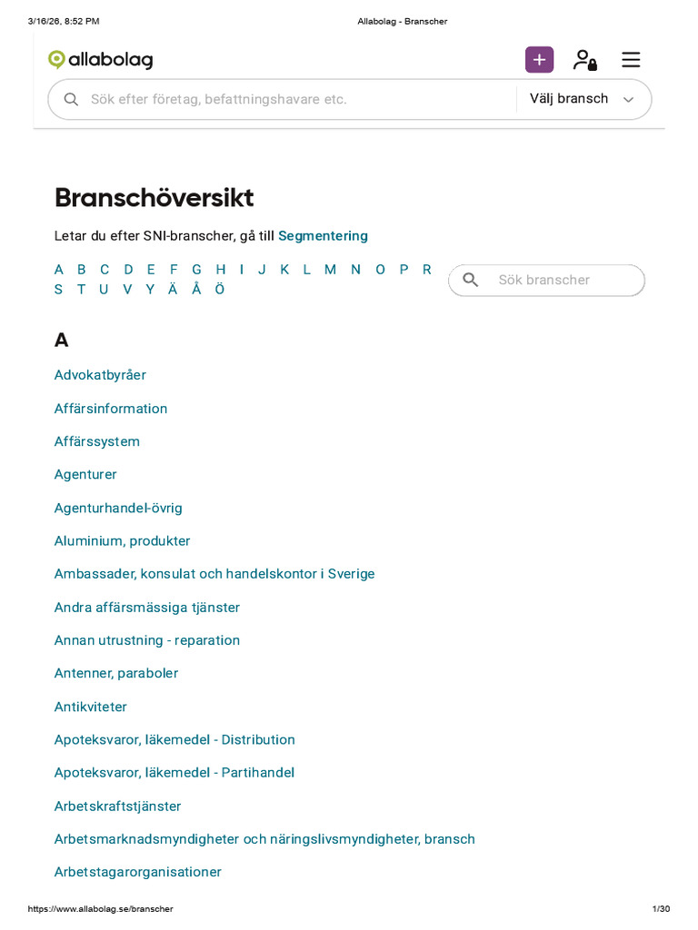Allabolag - Branscher | PDF