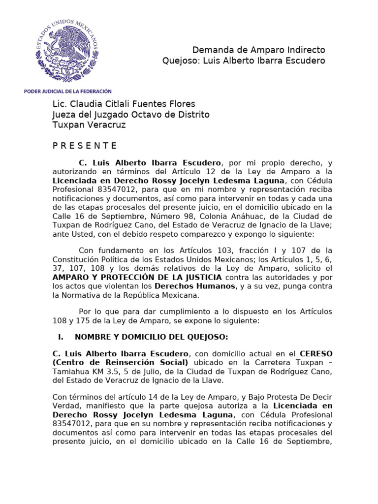 Demanda de Amparo Indirecto. | PDF | Caso de ley | Ley procesal