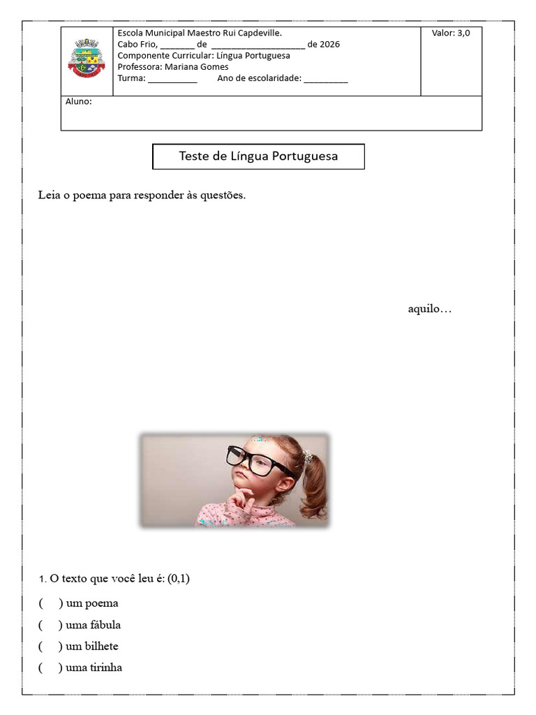 1 Teste de Lingua Portuguesa 2026 RC | PDF