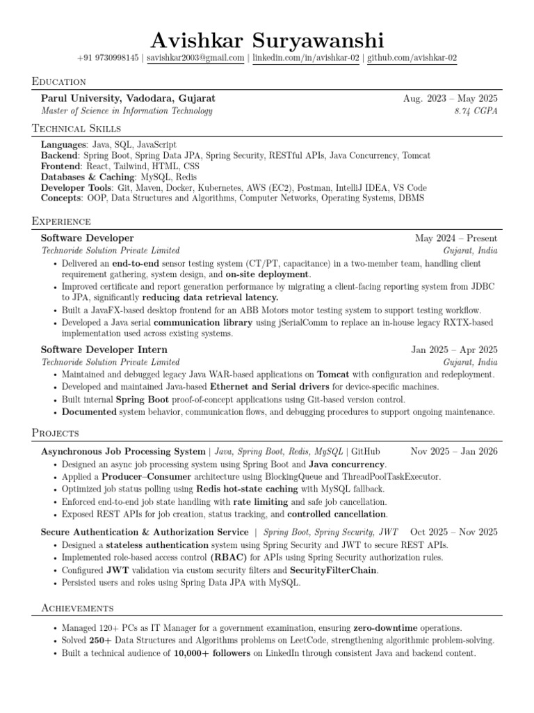 Avishkar Suryawanshi Resume | PDF | My Sql | Java (Programming Language)