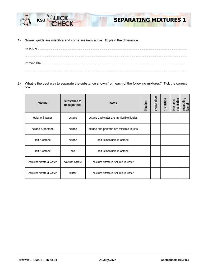 Chemsheets KS3 160 QC Separating Mixtures 1 | PDF | Solubility ...