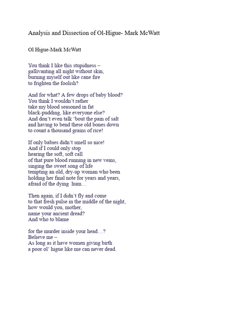 Analysis and Dissection of Ol' Higue - Mark McWatt and Mirror - Sylvia ...