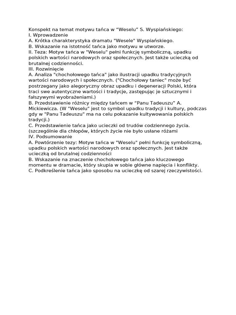 Konspekt Rozprawki Na Temat Motywu Tańca W Weselu Stanisława | PDF