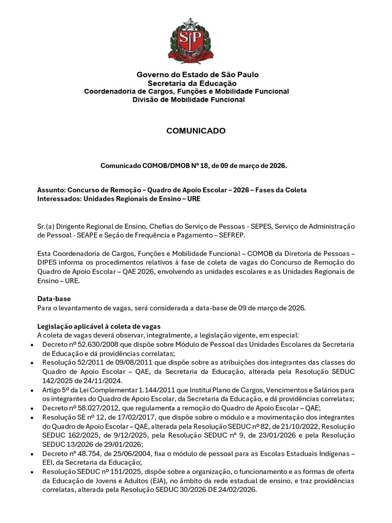 QAE - Cronograma Processo de Remoção 2026 | PDF