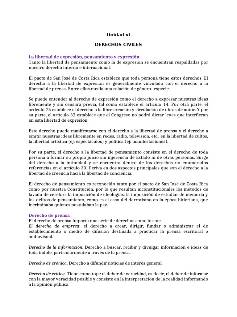 UNIDAD VI - Derecho Constitucional - Derechos Civiles | PDF | Libertad ...