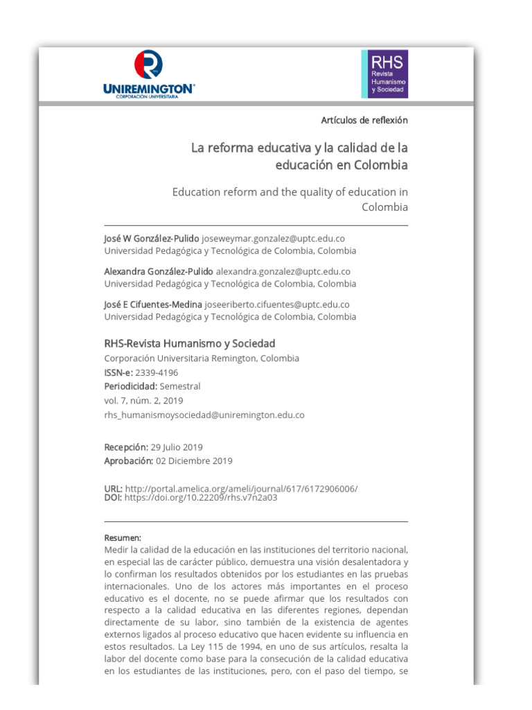La Reforma Educativa y La Calidad de La Educación en Colombia | PDF
