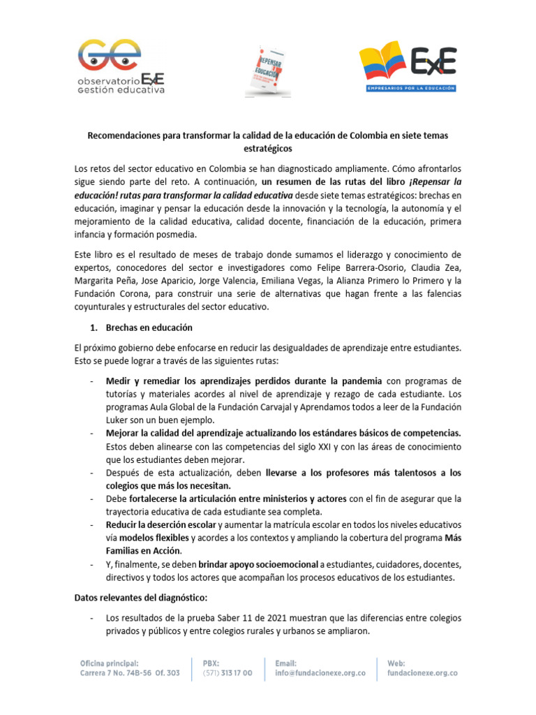 Recomendaciones para Transformar La Calidad de La Educacion de Colombia ...