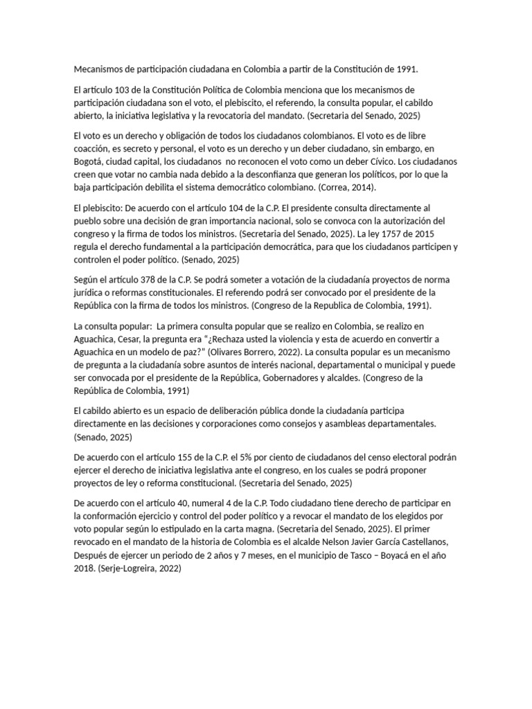 Mecanismos de Participación Ciudadana en Colombia A Partir de La ...