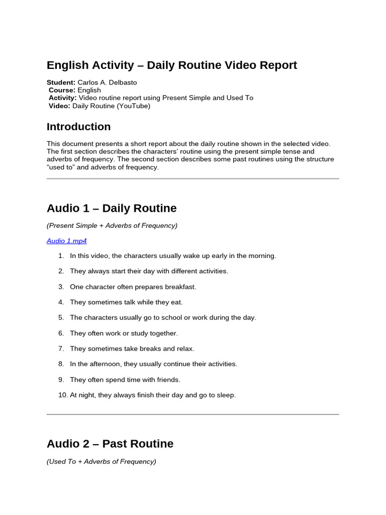 Carlos Delbasto English Activity - Daily Routine Video Report | PDF