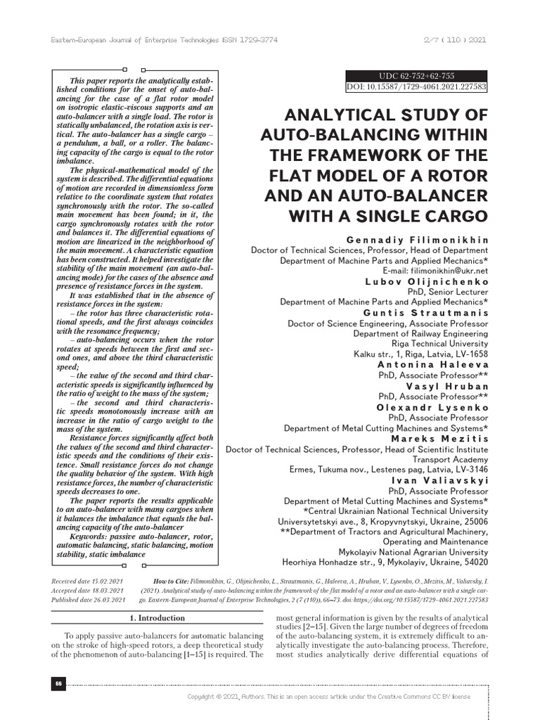Analytical Study of Auto Balancing Within The Framework of The Flat ...