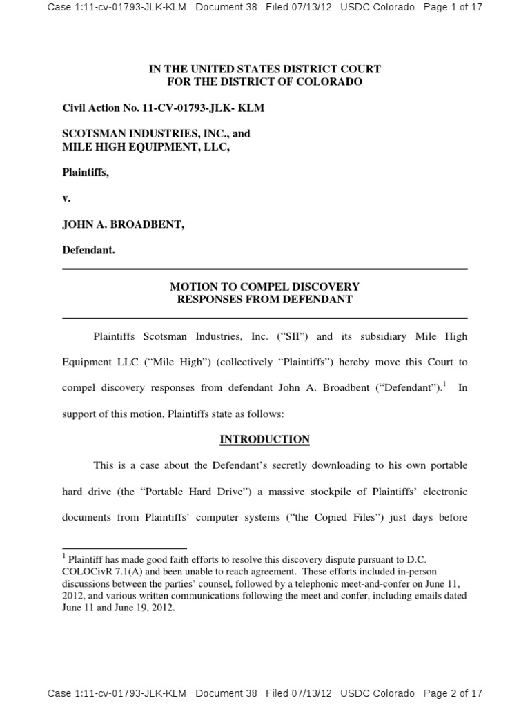 0713 Motion to Compel Discovery Responses From Broadbent Discovery (Law) Trade Secret