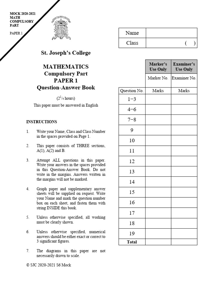 St. Joseph's College MATHEMATICS Compulsory PAPER 1 | PDF | Sphere ...
