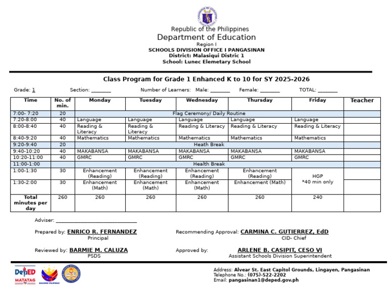 GRADE 1 Class-Program-Gr.-1-10-SY-2025-2026 | PDF | Pedagogy | Learning