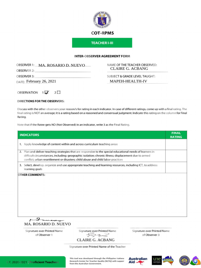 COT RPMS Inter Observer Agreement Form For T I III For SY 2020 2021 in ...