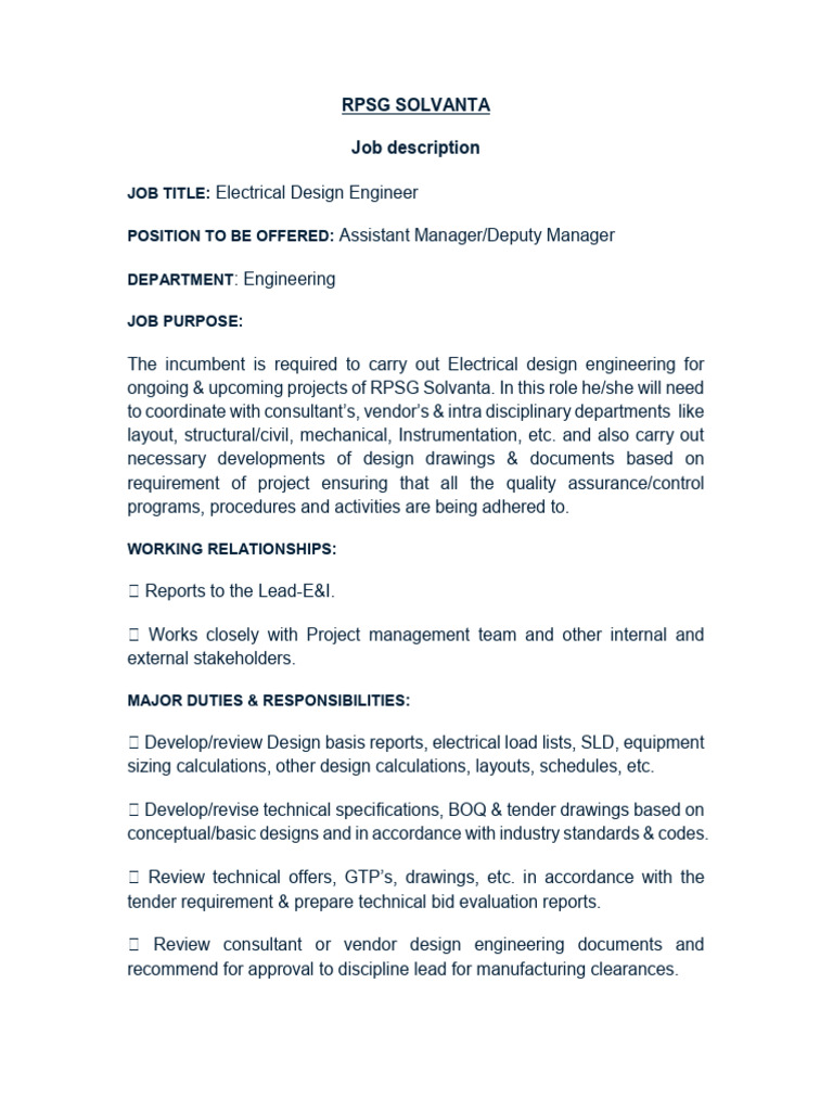 JD - Electrical Design Engineer | PDF | Engineering | Consultant