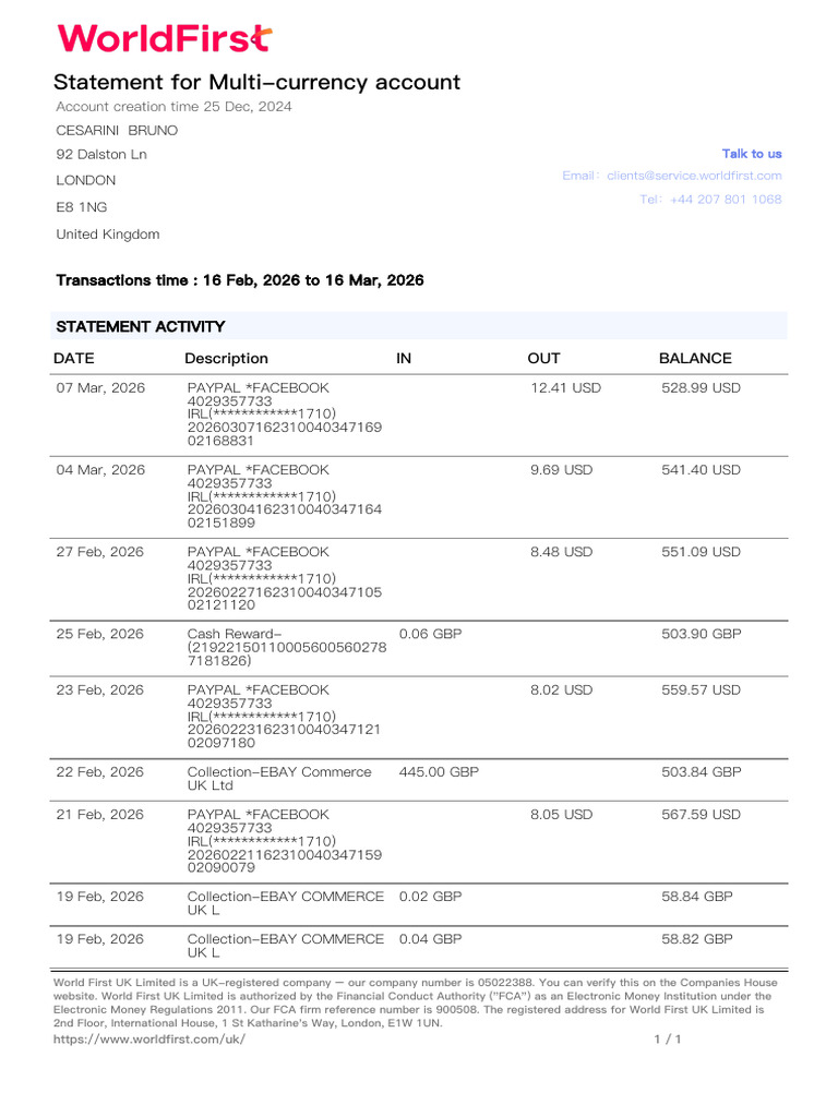 Statement For Multi-Currency Account: Transactions Time: 16 Feb, 2026 ...