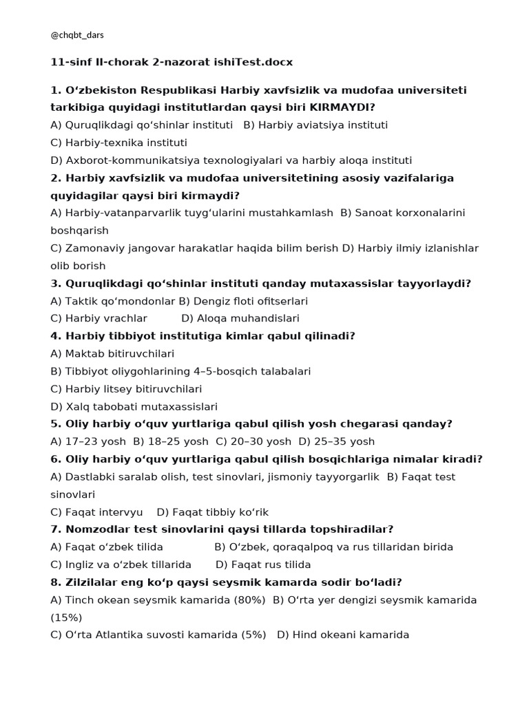 11 Sinf II Chorak 2 Nazorat Ishi@Chqbt - Dars | PDF