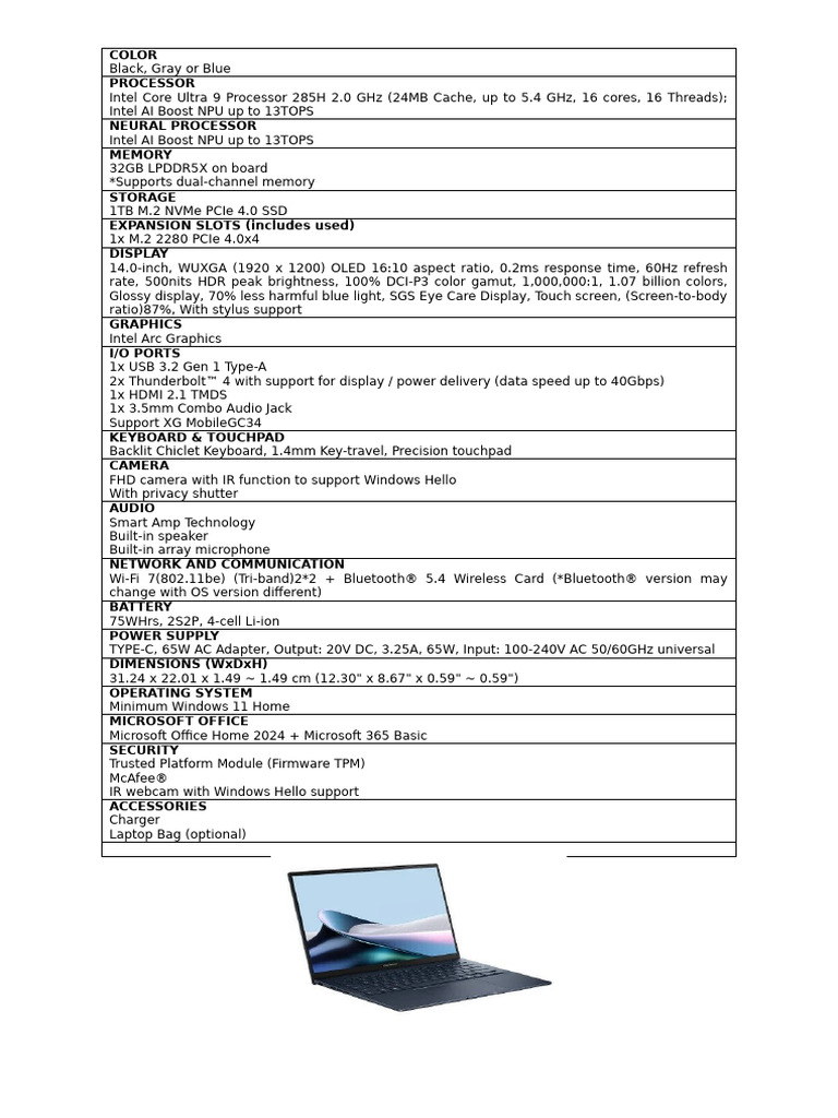 Asus Zenbook 14 UX3405CA Laptop Specifications | PDF