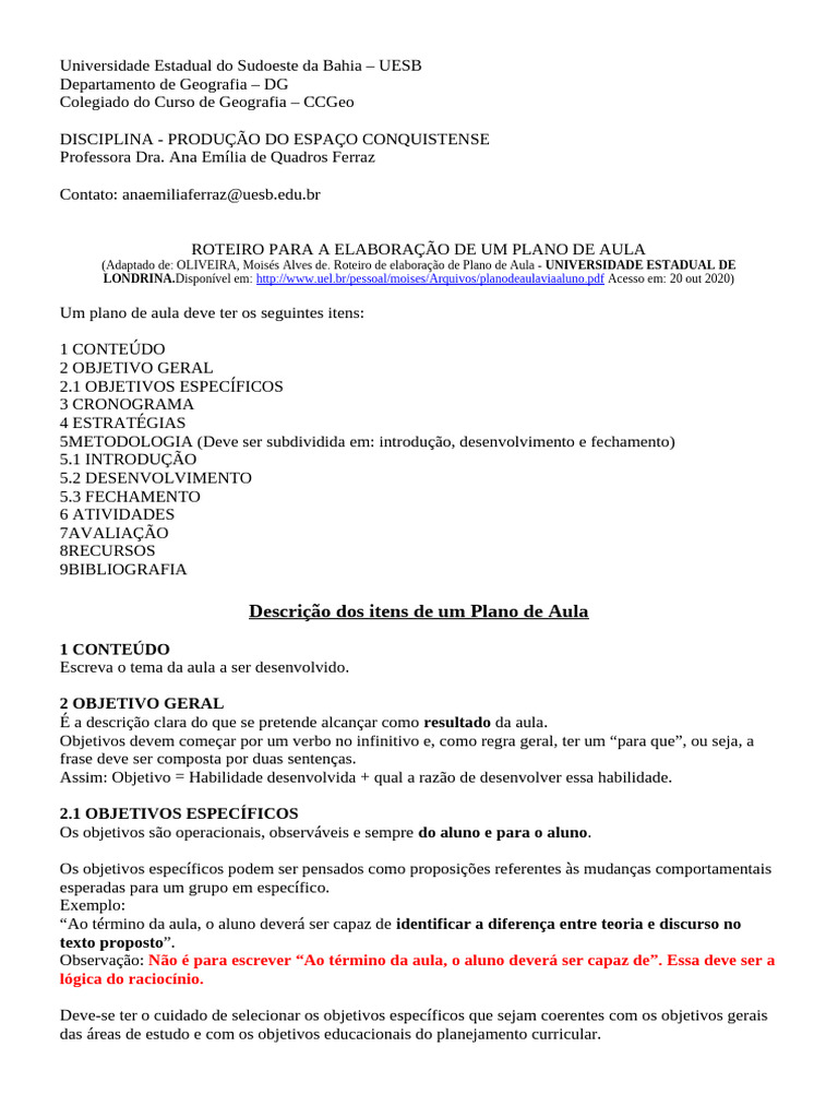 Roteiro para A Elaboração de Um Plano de Aula | PDF | Lição | Planejamento